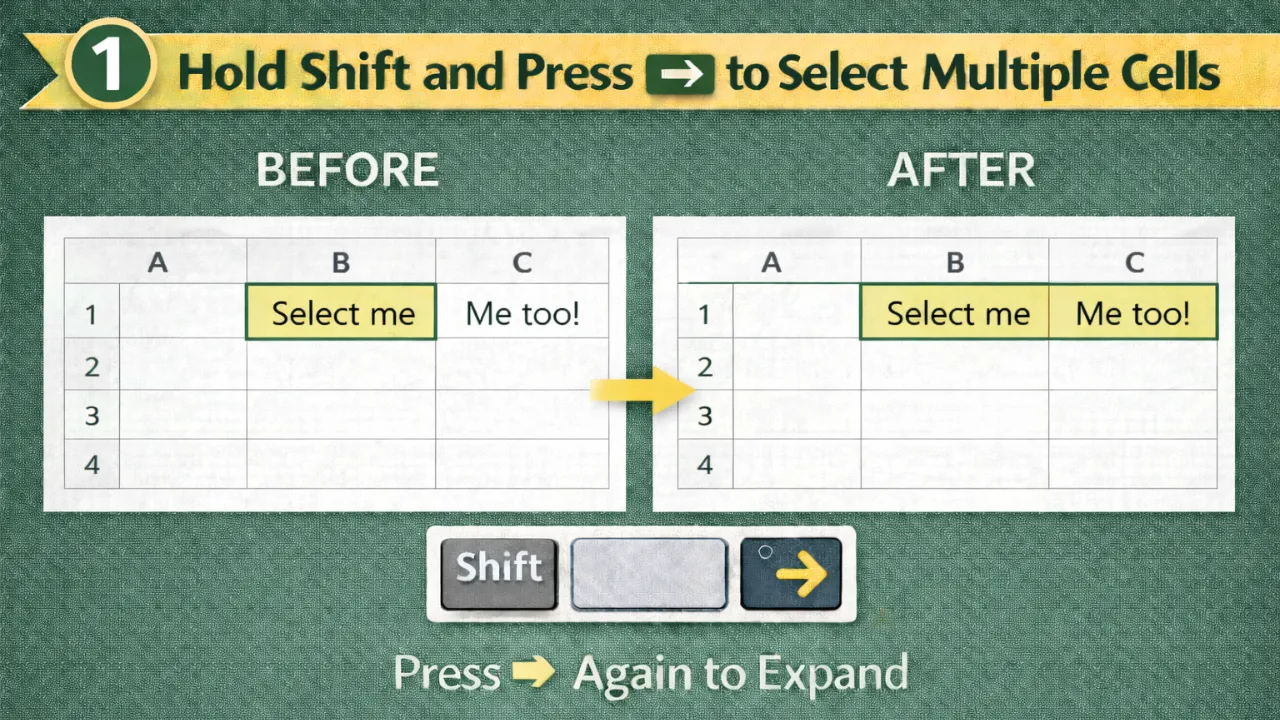 Hold Shift and Press ➡ to Select Multiple Cells