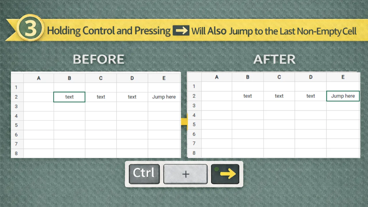 Holding Control and pressing ➡ will also jump to the last non-empty cell